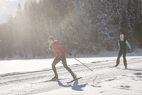 Zwei Langläufer auf einer verschneiten, sonnigen Strecke