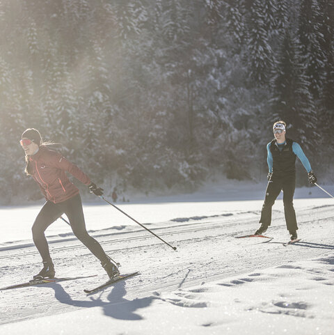 Zwei Langläufer auf einer verschneiten, sonnigen Strecke