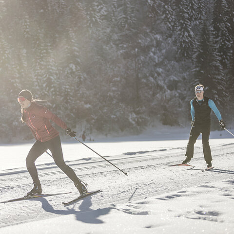 Zwei Langläufer auf einer verschneiten, sonnigen Strecke