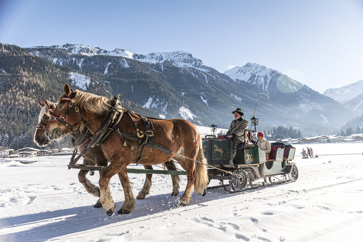 Eine Pferdekutsche fährt durch den Schnee