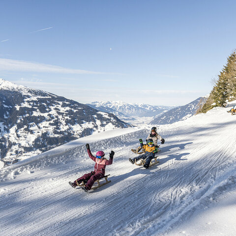 Rodler fahren die Strecke hinunter