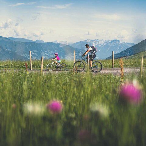 Ein Mann und ein kleines Mädchen fahren auf Fahrrädern durch die Landschaft.