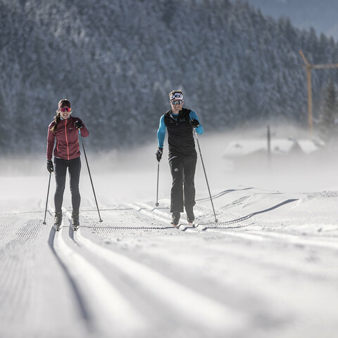 Langlaufloipen Zwei Langläufer auf einer verschneiten Strecke