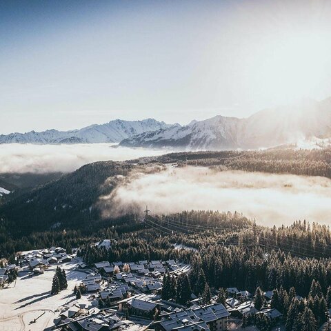 Kontakt & Anfrage Blick auf eine traumhafte Winterlandschaft mit schneebedeckten Bäumen und einem klaren blauen Himmel