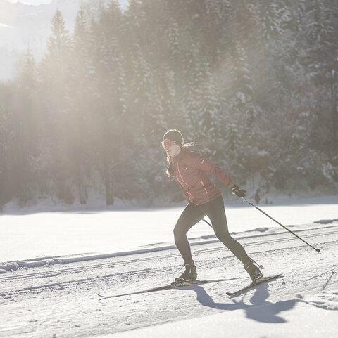 Zwei Langläufer auf einer verschneiten Strecke