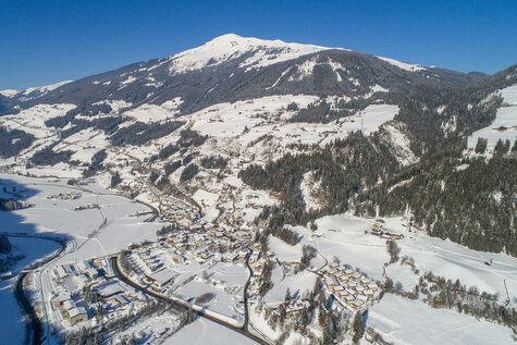 Blick auf eine traumhafte Winterlandschaft mit schneebedeckten Bäumen und einem klaren blauen Himmel